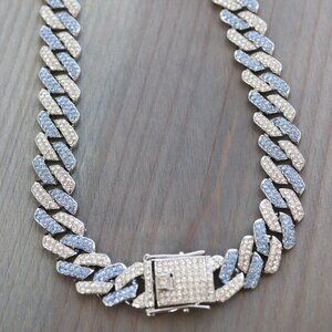14mm 22inches Cuban Ice Point Curb Diamond Chain Blue/Silver Plated Necklace